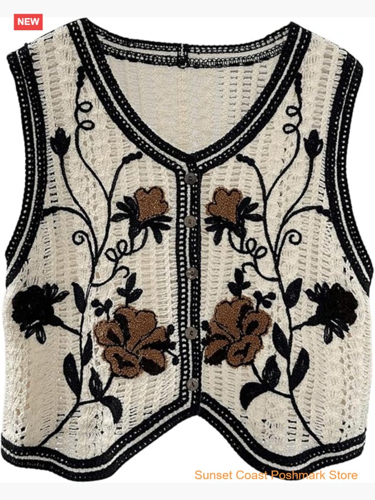 Embroidered Floral Crochet Vest Button Crop Summer Cowgirl Western Top Rodeo